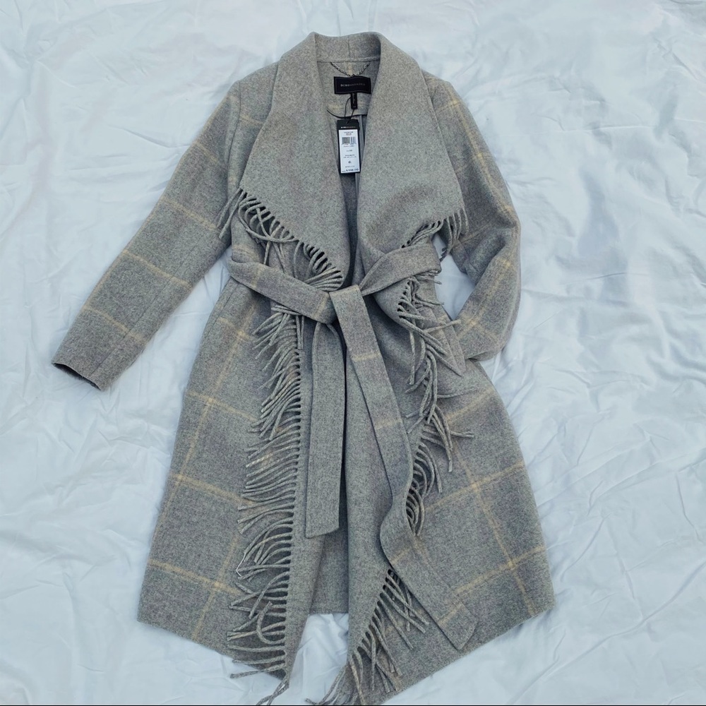 BCBGMaxAzria Gray Fringe Belted Coat